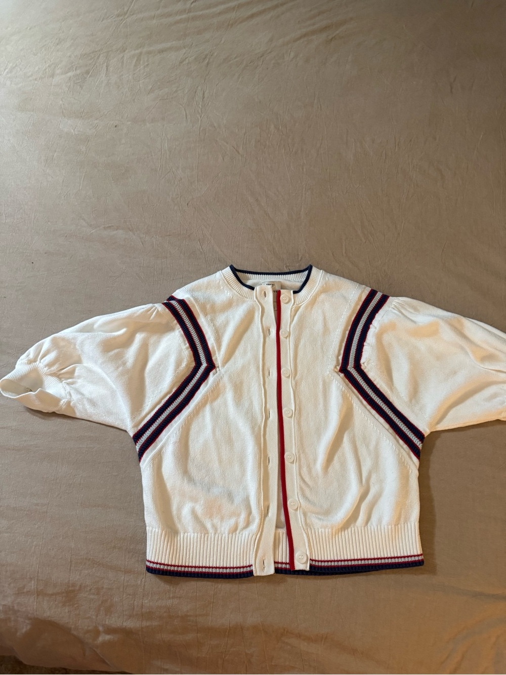Maeve White Cropped Cardigan with Navy and Red Trim Size Large